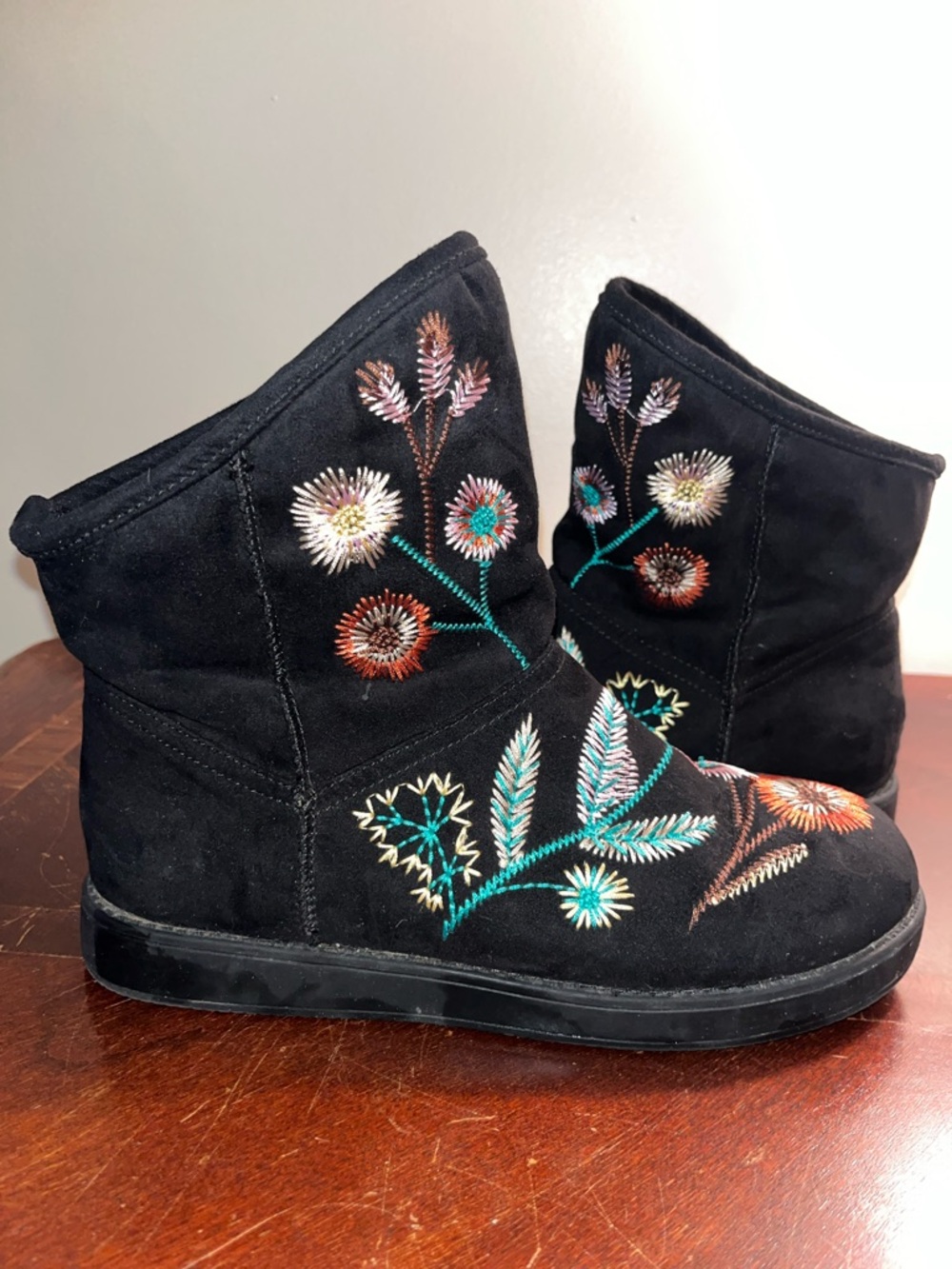 Indigo Black Suede Ankle Boots with Multicolor Floral Embroidery